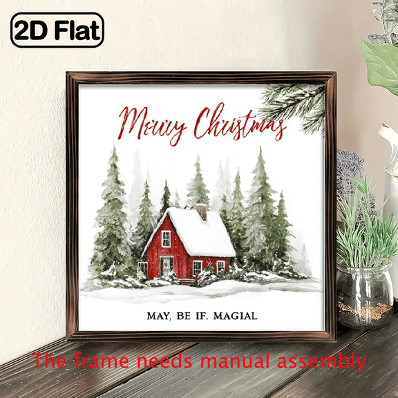 Farmhouse Christmas Wall Decor - Merry Christmas Sign with Red House, Snowy Pine Trees May It Be Magical Phrase - Rustic Holiday Plaque for Living Room, Entryway, Office - Wood Decoration