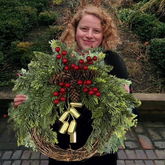Farmhouse Christmas Wreath Boho Holiday Wreath, 15.7'' Xmas Tree Hanging Garland, Artificial Golden Bell Wreath, Handmade Pine Ring Pinecones Grapevine Wreath