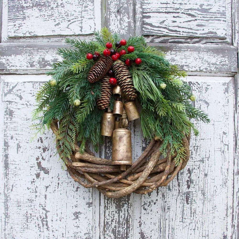 Farmhouse Christmas Wreath, Boho Wreath Winter Holiday Wreath for Front Door Mixed Berry and Pine Cone Wreath with Christmas Good Luck Bell Festival Grapevine Wreath Xmas Home Decor