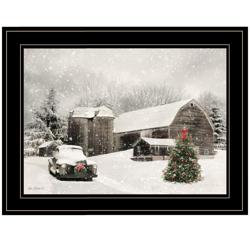 Farmhouse Christmas Black Framed Print with Winter Scene