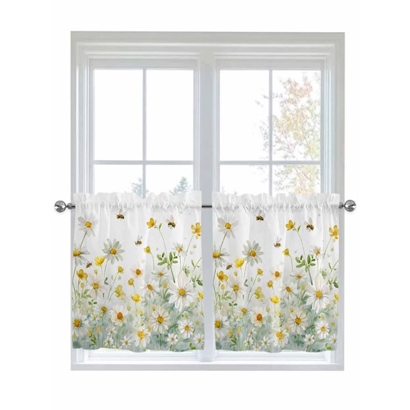 Farmhouse Chrysanthemums Kitchen Curtains Tier 24 Inch Length, Wildflowers Watercolor Floral Bees Rod Pocket Light Filter Window Curtains Living Room Bedroom Curtain Drapes Cafe Curtain 27.5''x24''x2