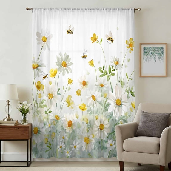 Farmhouse Chrysanthemums Sheer Curtains 54" Long, Wildflowers Watercolor Floral Bees Light Filering Curtains, Breathable Simi Curtain Privacy Drapes for Kitchen Bathroom Small Window Treatment