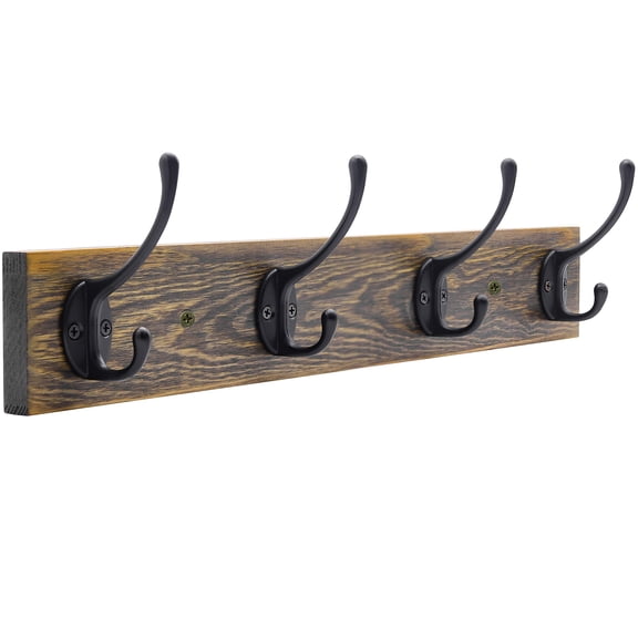 Farmhouse Coat Rack Wall Mounted, 4 Hooks Entryway Organizer for Scarf Bag Towel Key Cap Hat, Wooden Metal Design, Brown