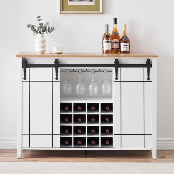 Farmhouse Coffee Bar Buffet Cabinet, 47" Wine Bar Cabinet with Sliding Barn Door, 16 Bottle Wine Racks