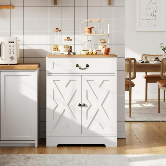 Farmhouse Coffee Bar Cabinet with 2 Doors & Drawer, Kitchen Storage Buffet Sideboard, Adjustable Shelf, Dining Room Coffee Bar Organizer 29 Inch Modern Farmhouse Sideboard Buffet Cabinet