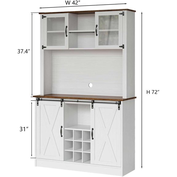 Farmhouse Coffee Bar Cabinet with 2 Glass , 72'' White Bar Cabinet with Sliding Barn Door, Tall Wine Bar with 9 Racks, Coffee Bar Hutch with Storage for Living Room