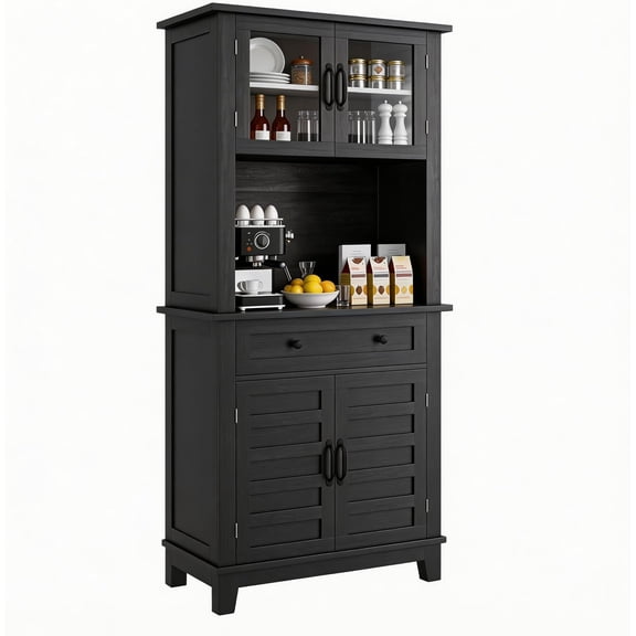 Farmhouse Coffee Bar Cabinet with 2 Glass Doors, 72'' Black Bar Cabinet with 1 Drawer, Tall Wine Bar with Metal Handle, Coffee Bar Hutch with Storage for Living Room (Dark Black)