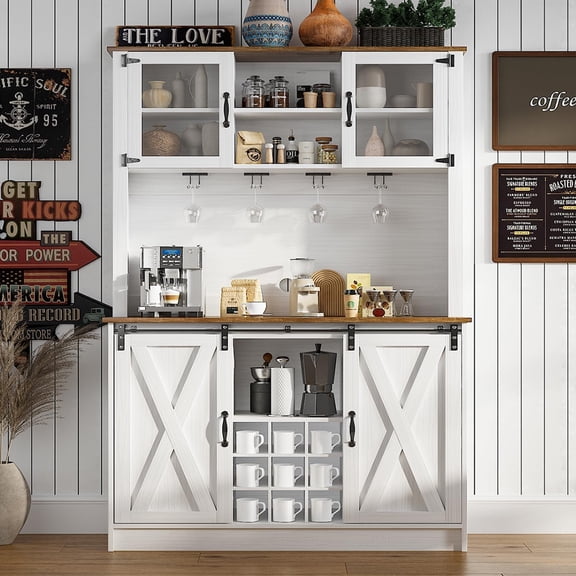 Farmhouse Coffee Bar Cabinet with 2 Glass Doors, 72'' White Bar Cabinet with Sliding Barn Door, Tall Wine Bar with 9 Racks, Coffee Bar Hutch with Storage for Living Room