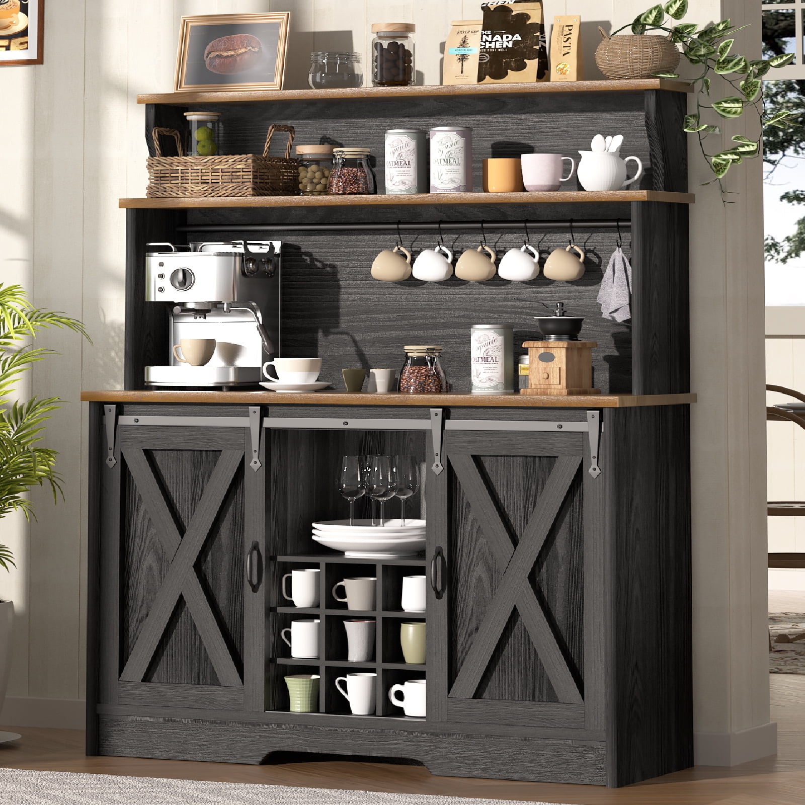 Farmhouse Coffee Bar Cabinet with 3 Tier Storage Hutch, 47'' Coffee Bar Station with Sliding Barn Door, Hutch Storage Cabinet with 9 Wine Racks & 9 Hooks for Kitchen Dining Living Room