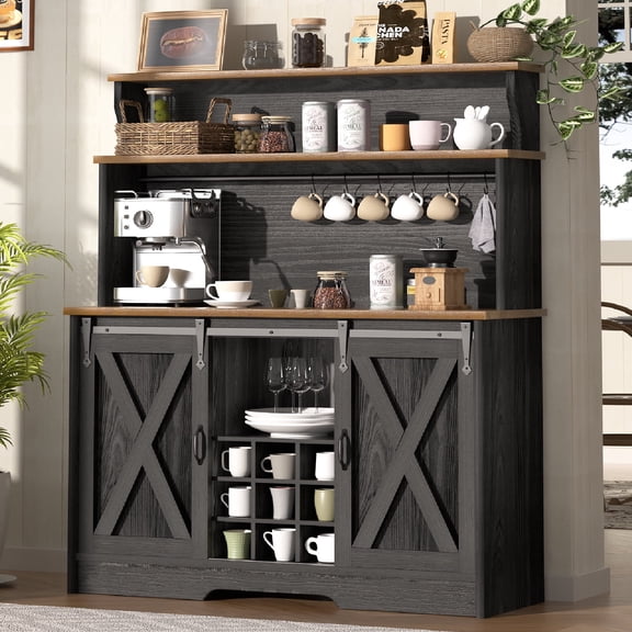 Farmhouse Coffee Bar Cabinet with 3 Tier Storage Hutch, 47'' Coffee Bar Station with Sliding Barn Door, Hutch Storage Cabinet with 9 Wine Racks & 9 Hooks for Kitchen Dining Living Room