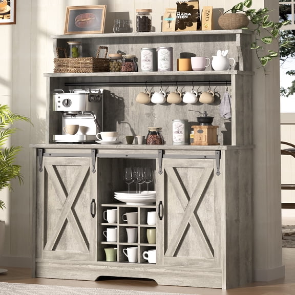 Farmhouse Coffee Bar Cabinet with 3 Tier Storage Hutch, 47'' Coffee Bar Station with Sliding Barn Door, Hutch Storage Cabinet with 9 Wine Racks & 9 Hooks for Kitchen Dining Living Room