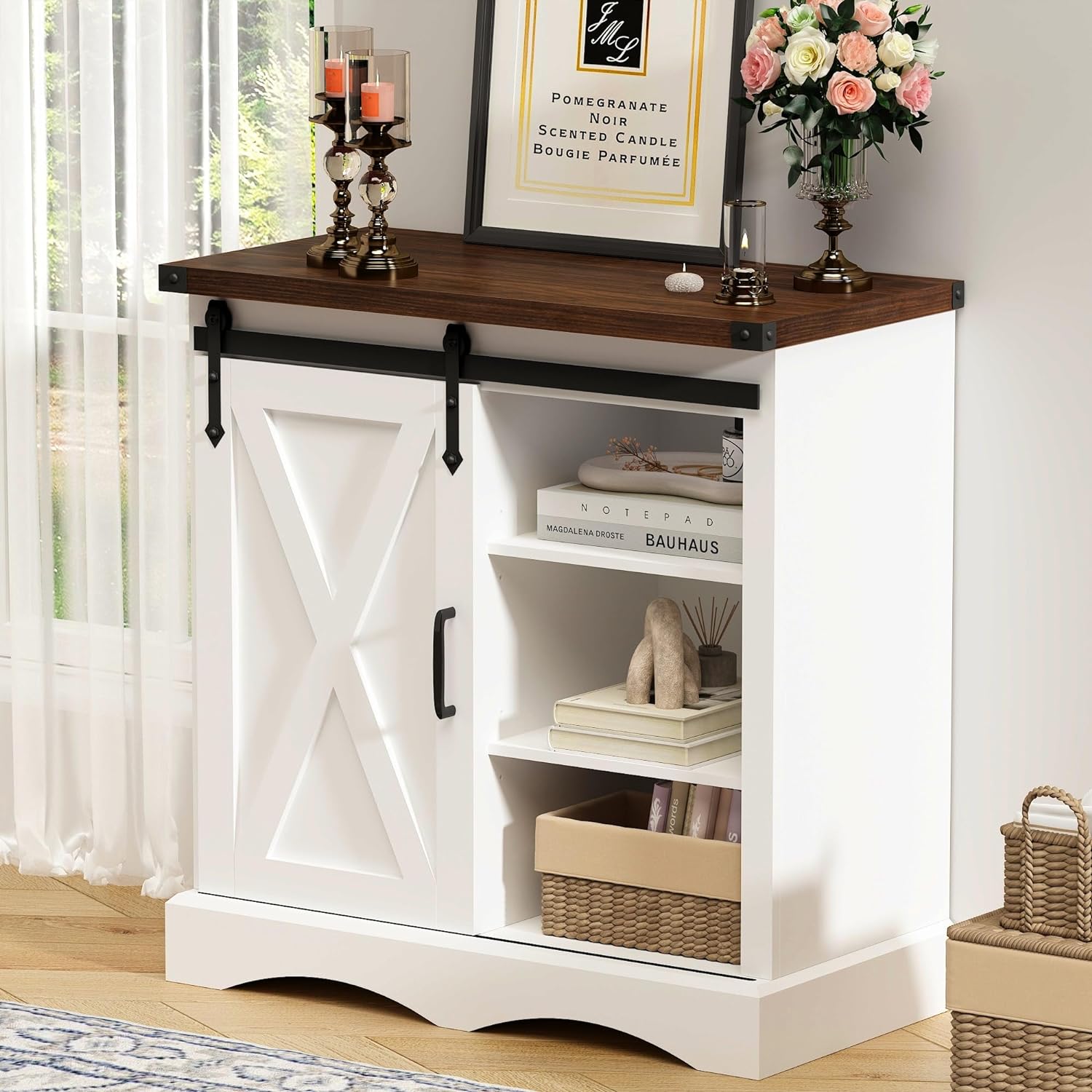 Farmhouse Coffee Bar 32“, White Buffet Storage with