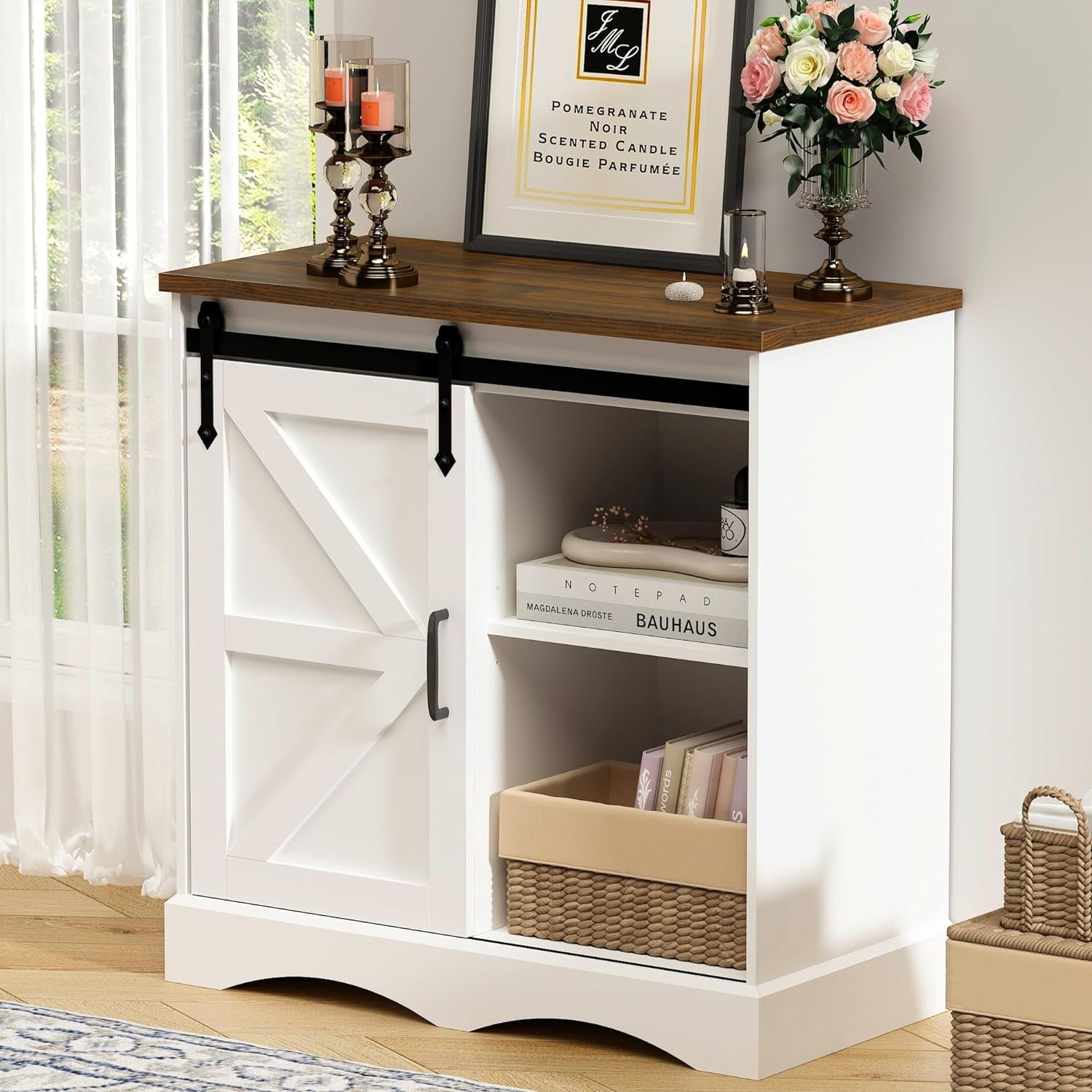 Farmhouse Coffee Bar 32“, White Buffet Storage with