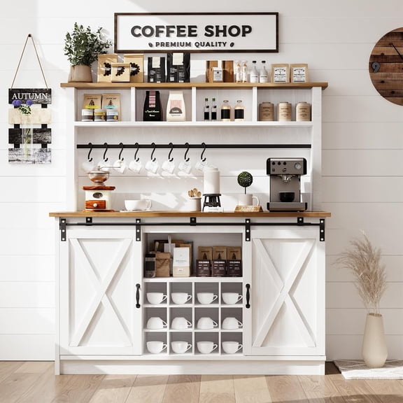 Farmhouse Coffee Bar Cabinet with 4 Storage Hutch, 55 Inch Wine Bar with 12 Wine Racks and 8 Hooks, Hutch Storage Cabinet with Sliding Barn Doors for Kitchen Dining Living Room, White