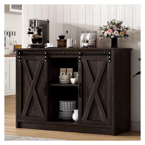 Farmhouse Coffee Bar Cabinet 42 Inch Kitchen Storage Console with Sliding Barn Doors Espresso Beverage Station Buffet Sideboard for Dining Room and Living Room