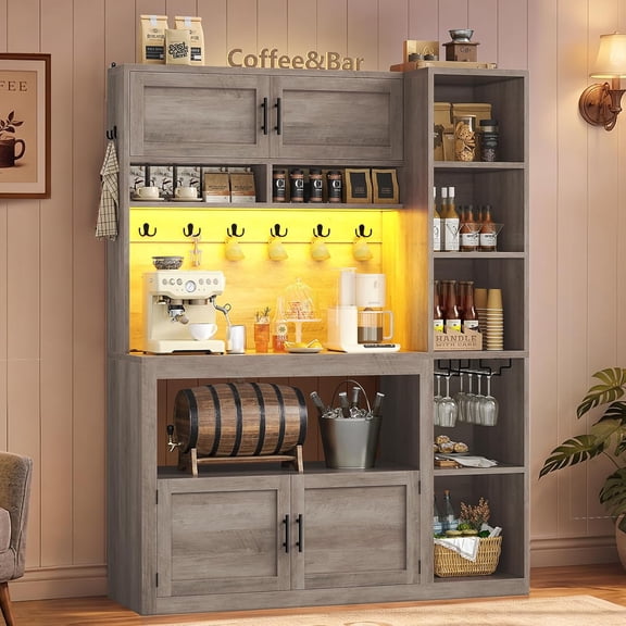 Farmhouse Coffee Bar Cabinet 43.3" Kitchen Baker's Rack with Hutch, Outlets, App Control LED, Microwave Stand Pantry Cabinet & Glass Holder, 9 Utility Hooks for Living Room, Grey