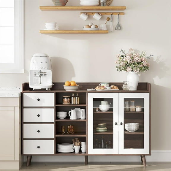 Farmhouse Coffee Bar Cabinet 55" with Adjustable Shelves, Glass Doors, Open Storage, Wood Sideboard for Kitchen Dining Room Rustic Decor,Walnut