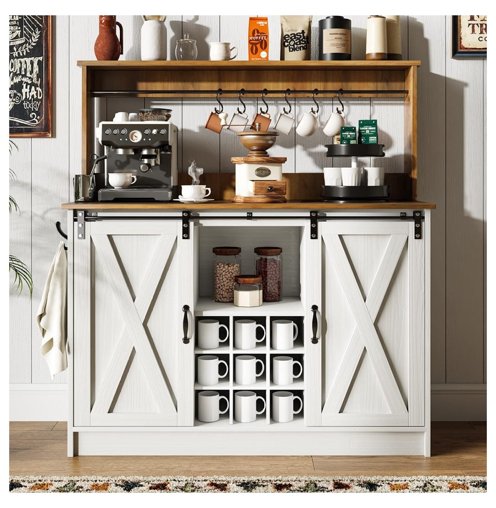 Farmhouse Coffee Bar Cabinet with 6 , 47'' Kitchen Coffee Bar with ...