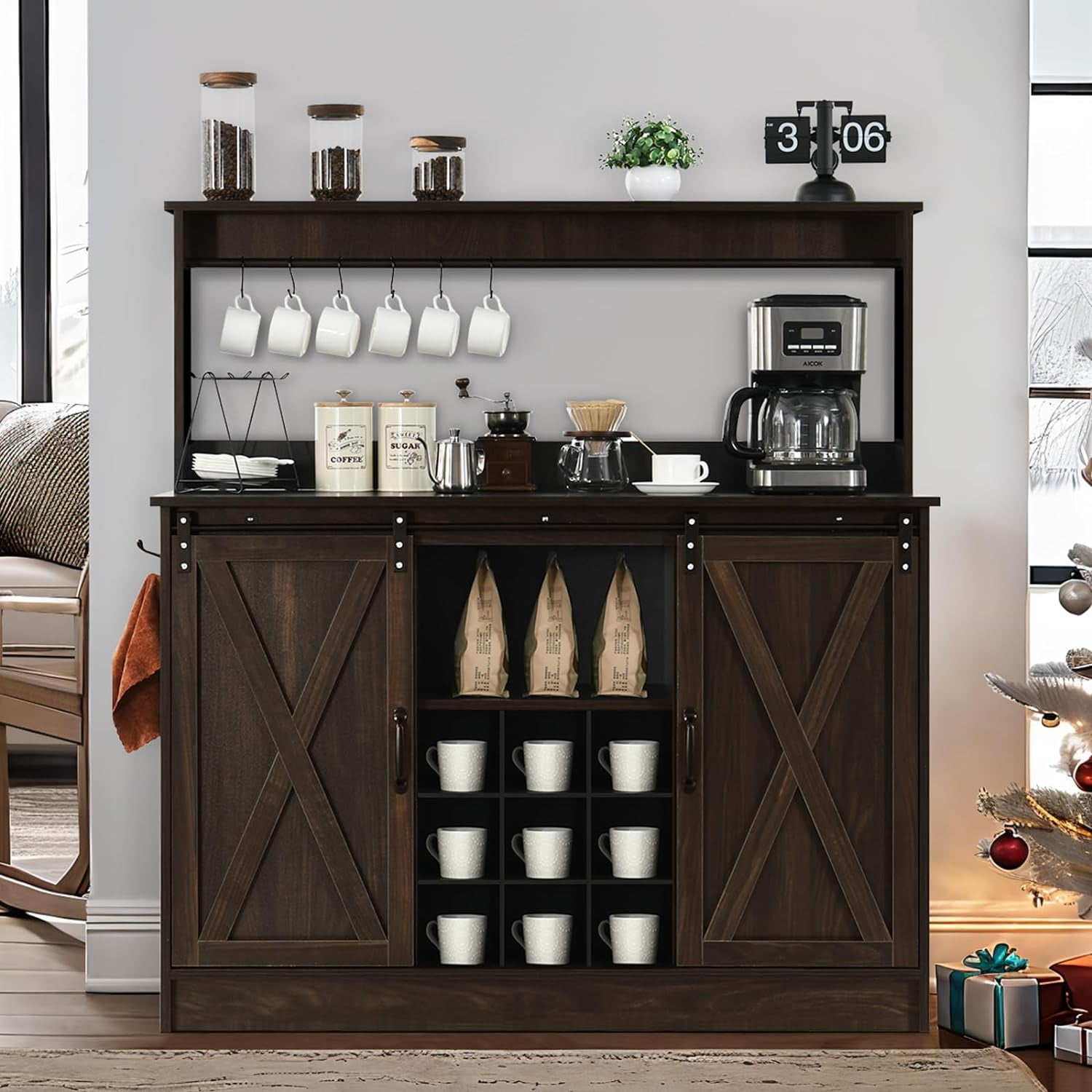 Farmhouse Coffee Bar with 6 Hooks, 47 Inch Coffee Bar Hutch