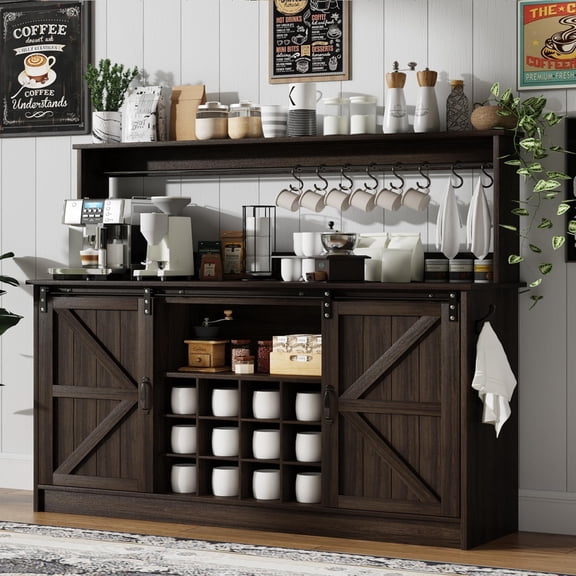 Farmhouse Coffee Bar Cabinet with 8 Hooks, 55” Kitchen Hutch Cabinet with Storage, Gray Coffee Bar with Sliding Barn Doors and 12 Racks for Living Dining Room, Dark Oak