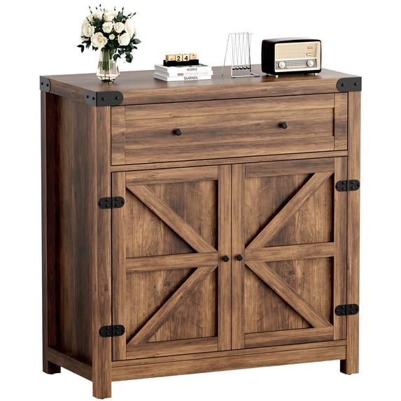 Farmhouse Coffee Bar Cabinet and Accent Sideboard, 30" Buffet Cabinet with Barn Door & Drawer, Wide Desktop Storage Cupboard with Adjustable Shelf for Kitchen, Entryway & Dining Room, Brown Wood Grai
