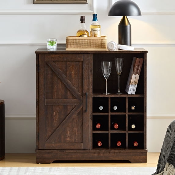 Farmhouse Coffee Bar Cabinet Bar Cabinet with Wine Rack Barn Door Buffet Sideboard Cabinet, Adjustable Storage Shelves, Living Room, Dining Room 31.5*15.75*31.5Gray Wash