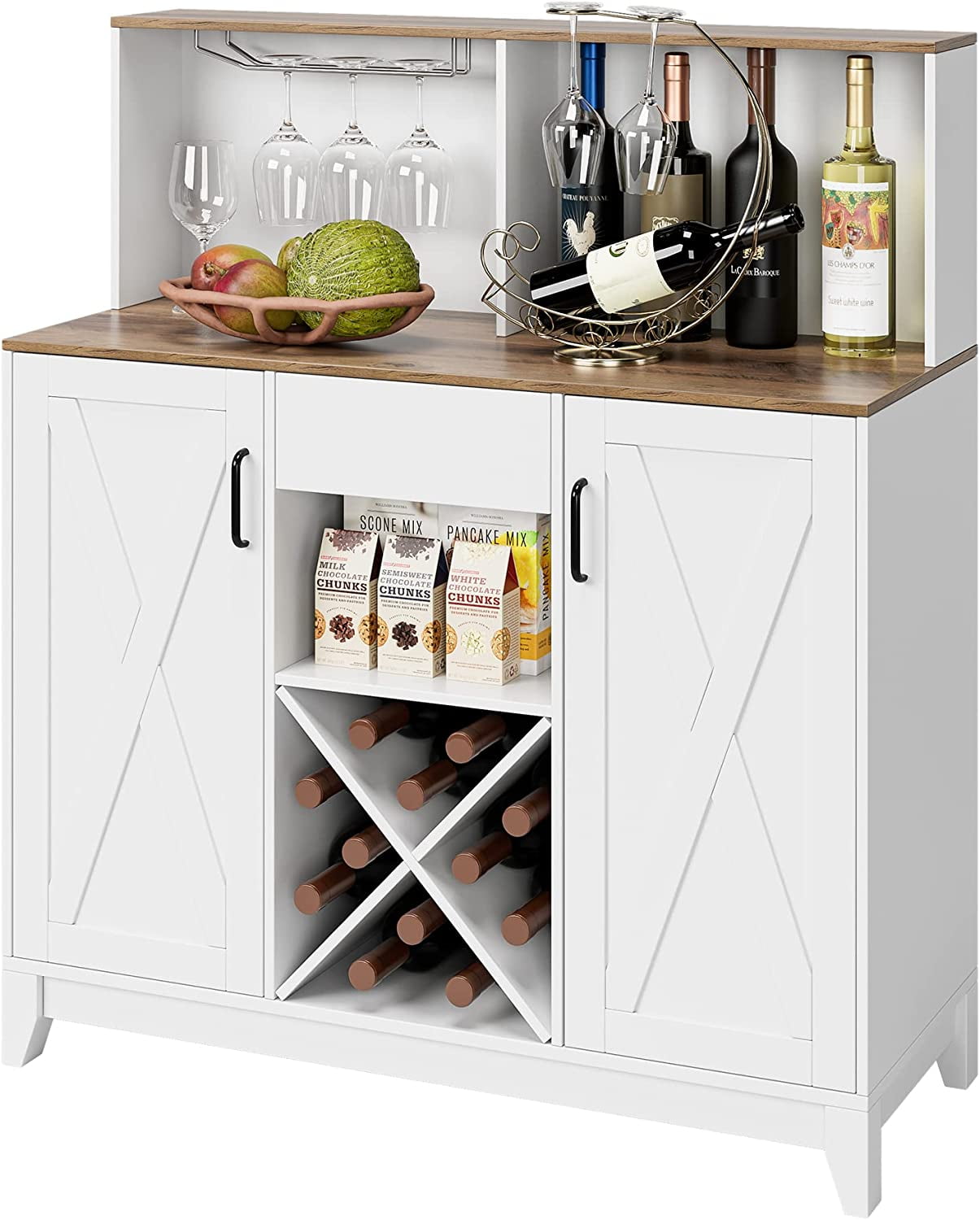 Farmhouse Coffee Bar Barn Doors Liquor Bar with Storage, Wood Sideboard Buffet