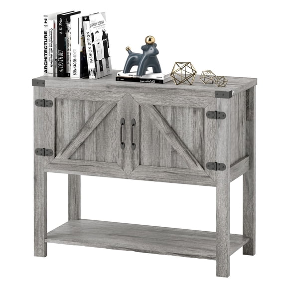 Farmhouse Coffee Bar Cabinet, Double Door Kitchen Storage Cabinet for Living Room Entryway, Stone Gray