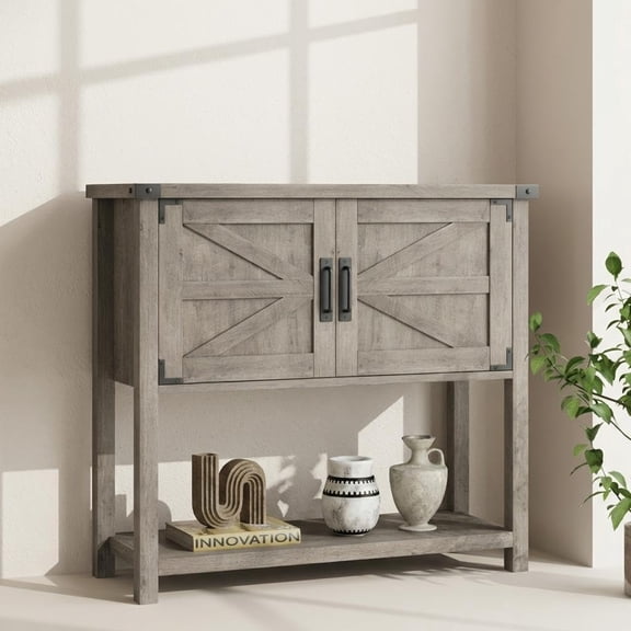 Farmhouse Coffee Bar Cabinet with Double Doors, Buffet Cabinet with Storage and Open Shelf, Wooden Console Table for Entryway, Pantry, Family Room ,Grey