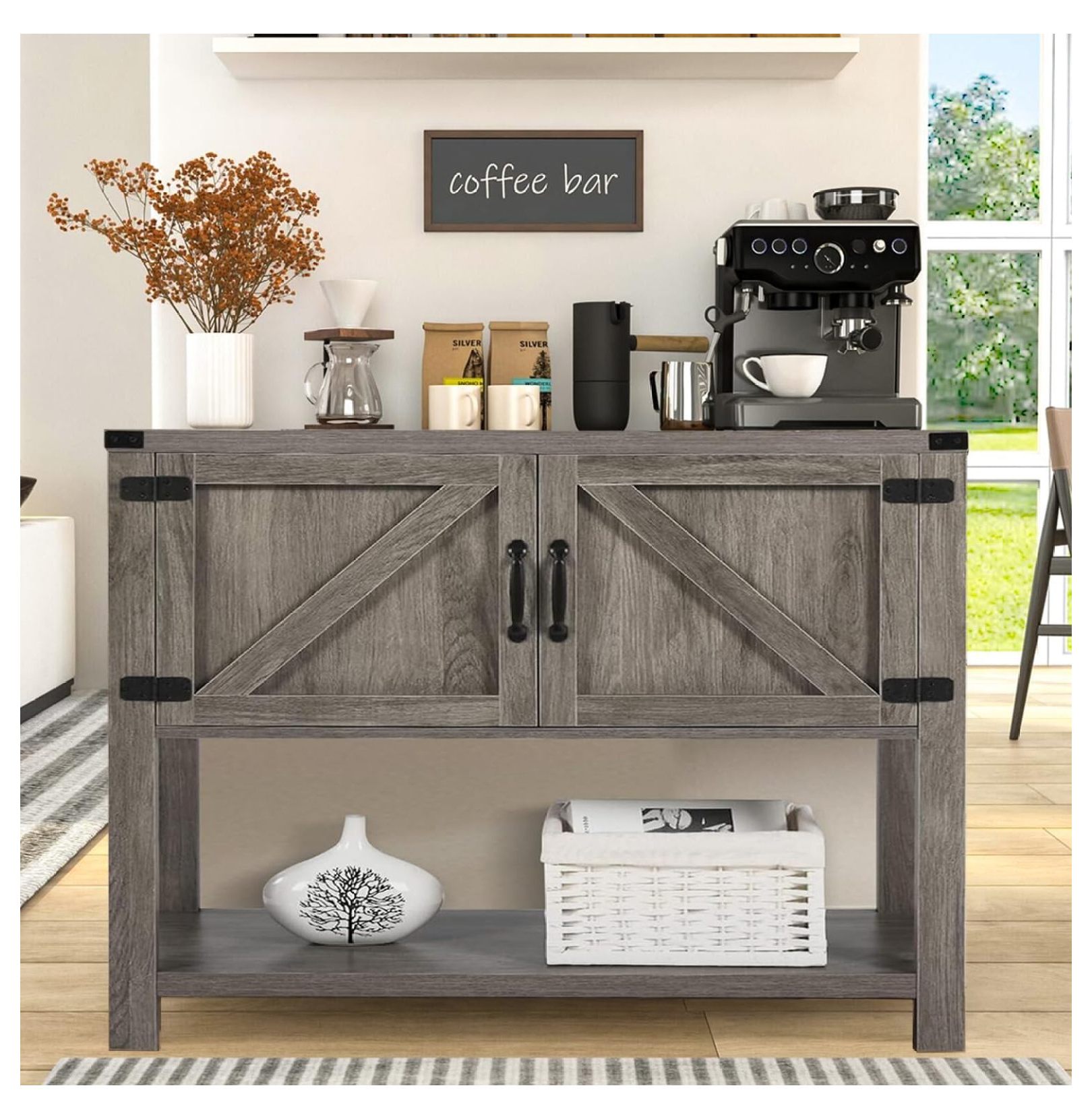 Farmhouse Coffee Bar Grey Coffee Bar Table with Storage, Small