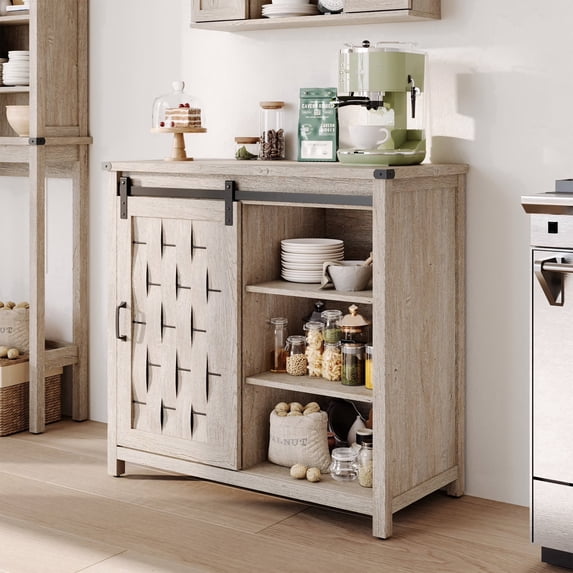 Farmhouse Coffee Bar Cabinet with Sliding Barn Door and Adjustable Shelves Light Gray