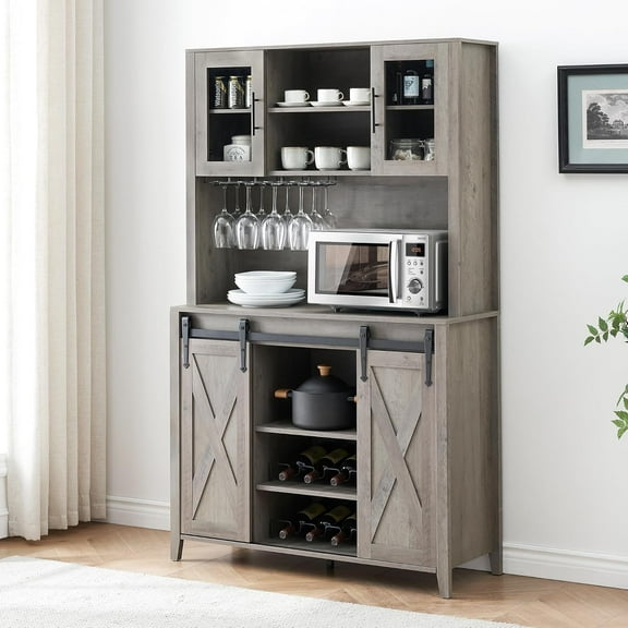 Farmhouse Coffee Bar Cabinet with Sliding Barn Door, 70" Tall Buffet Cabinet with Storage Shelves, Liquor Cabinet with Wine and Glass Rack for Kitchen, Dining Room, Gray Oak