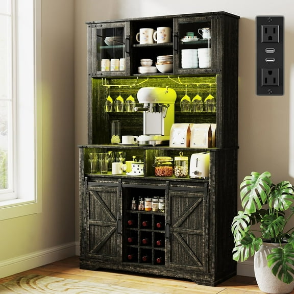 longtingus Farmhouse Coffee Bar Cabinet with Hutch & Sliding Barn Door, Black Kitchen Buffet with Power Outlet, LED Light & Tall Liquor Storage for Dining Room or Kitchen