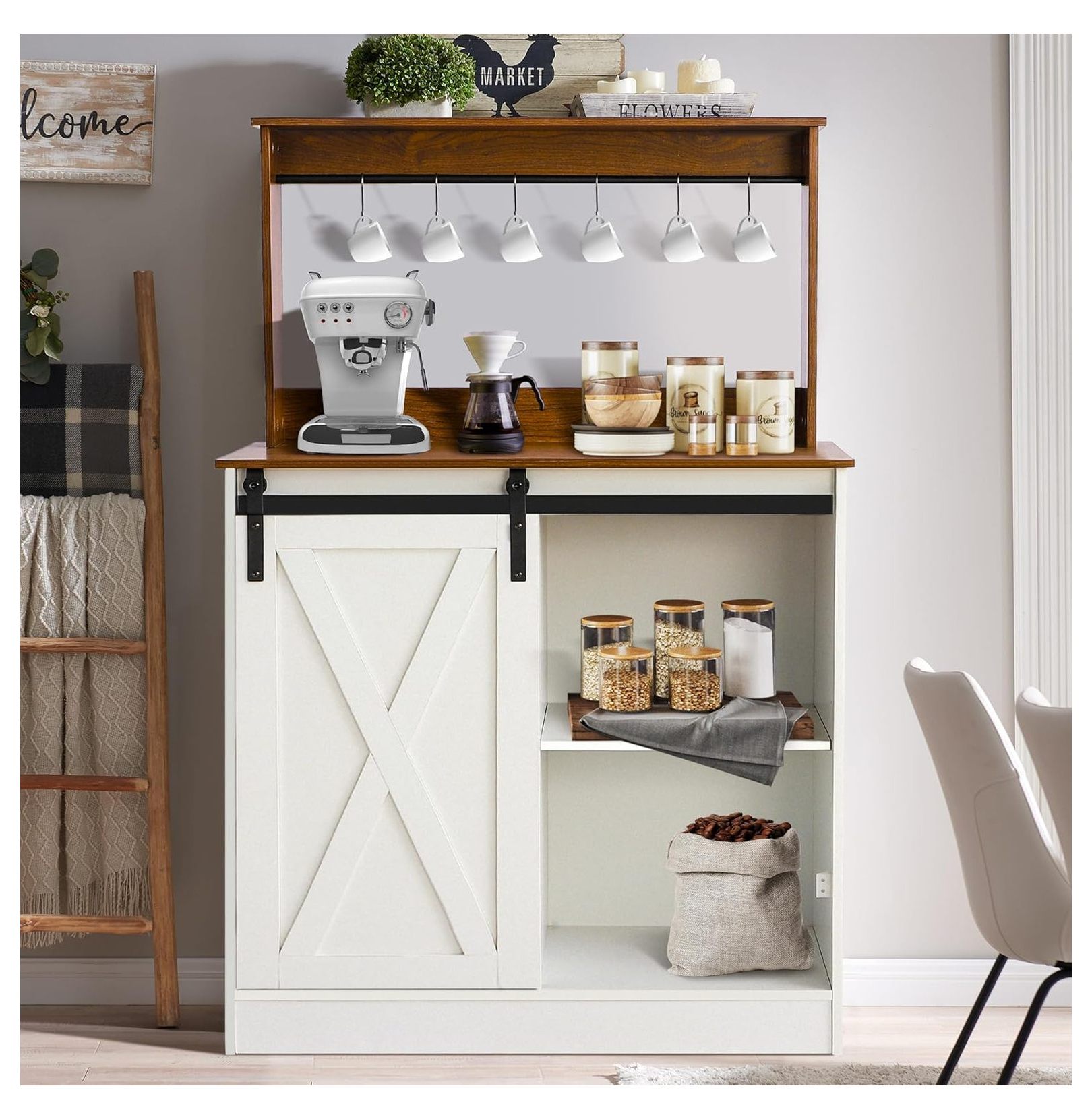 Farmhouse Coffee Bar Cabinet with Sliding Barn Door - Sideboard Buffet ...