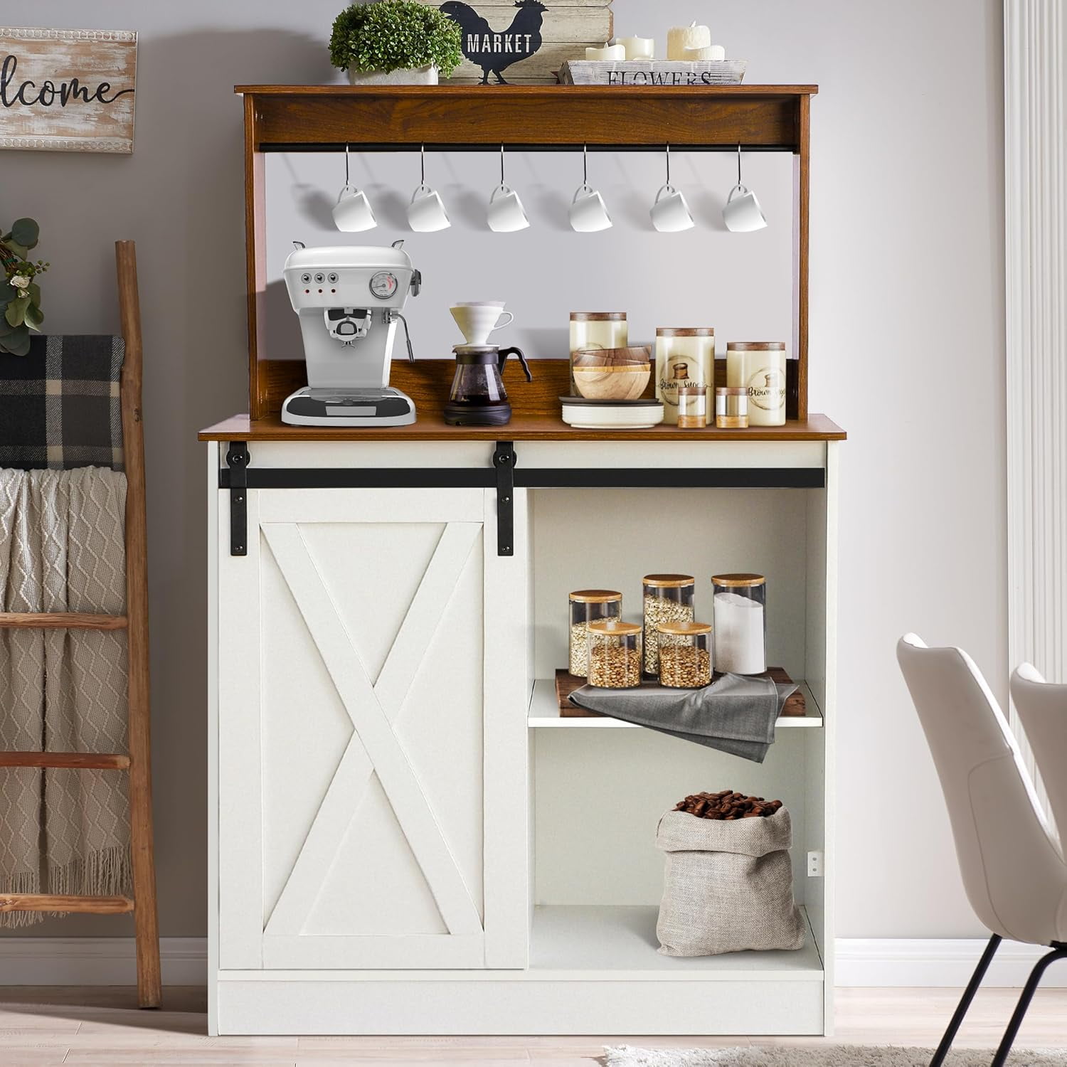 Farmhouse Coffee Bar Cabinet with Sliding Barn Door - Sideboard Buffet ...