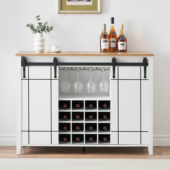 Farmhouse Coffee Bar Cabinet with Sliding Barn Doors – 16 Wine Glass Rack – Adjustable Storage Shelves – Large Rustic Sideboard Buffet for Dining Room – Dark Oak or White/Ivory