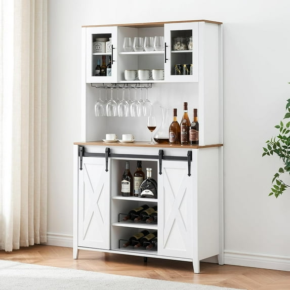 Farmhouse Coffee Bar Cabinet with Sliding Barn Doors, 70'' Kitchen Hutch Cabinet with Storage, Wine&Glasses Rack, Tall Sideboard Buffet Cabinet for Kitchen, Dining Room, White