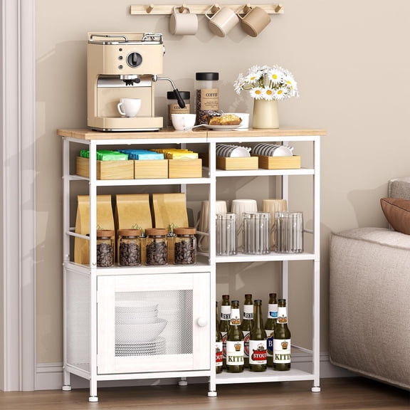 Farmhouse Coffee Bar Cabinet Station with Doors and 7-Tier Storage, White