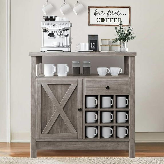 Farmhouse Coffee Bar Cabinet with Storage, 32 inch Coffee Bar Table with Barn Door and 9 Wine Racks, Coffee Bar Accessories with Drawer & Adjustable Shelf, Dining Living Room, Grey