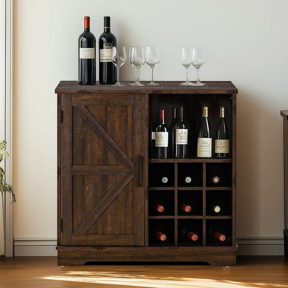 Farmhouse Coffee Bar Cabinet with Storage, 32 inch Coffee Bar Table with Barn Door and 9 Wine Racks, Coffee Bar & Adjustable Shelf, Dining Living Room, Grey