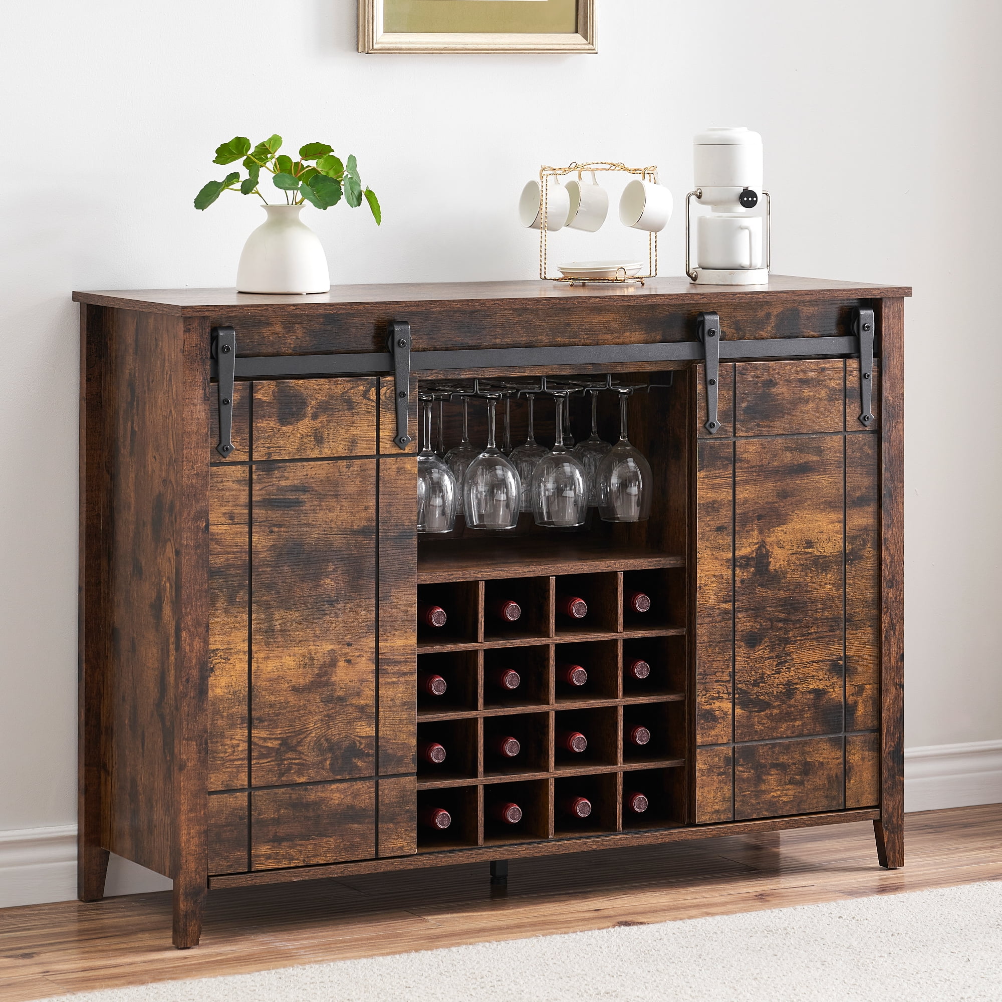 Rustic Brown 47'' Sliding Barn Door Wine Bar Cabinet with Storage