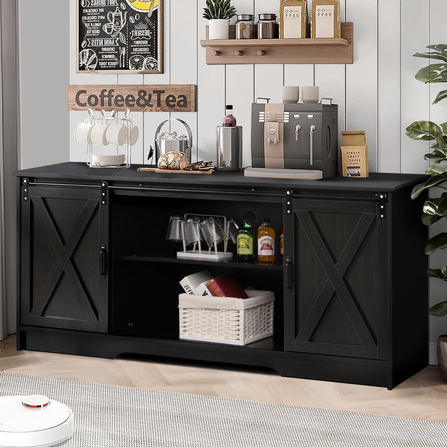 Farmhouse Coffee Bar Cabinet with Storage, 58’’Buffet Sideboard Cabinet with Sliding Barn Doors and 2 Adjustment Shelves, Kitchen Sideboard Cabinet for Dining Living Room