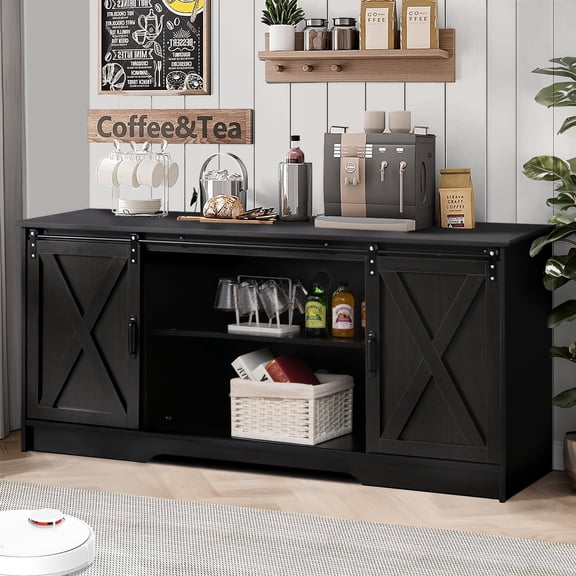 Farmhouse Coffee Bar Cabinet with Storage, 58’’Buffet Sideboard Cabinet with Sliding Barn Doors and 2 Adjustment Shelves, Kitchen Sideboard Cabinet for Dining Living Room