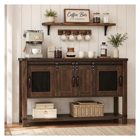 Farmhouse Coffee Bar Cabinet with Barn Door, 47", Brown - Coffee Station Storage, Kitchen Buffet, Industrial Style