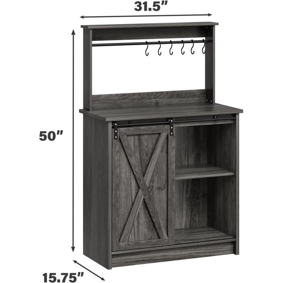 Farmhouse Coffee Bar Cabinet with Hutch, 31 Inch Buffet Storage Table with Sliding Barn Door and Hooks for Living Room