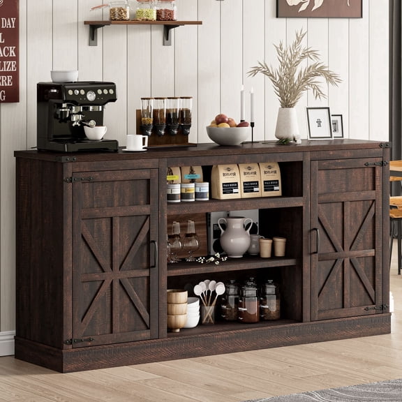 Farmhouse Coffee Bar Cabinet with Outlet USB Charging, 66'' Large Buffet Sideboard with Adjustable Shelves for Kitchen Living Room