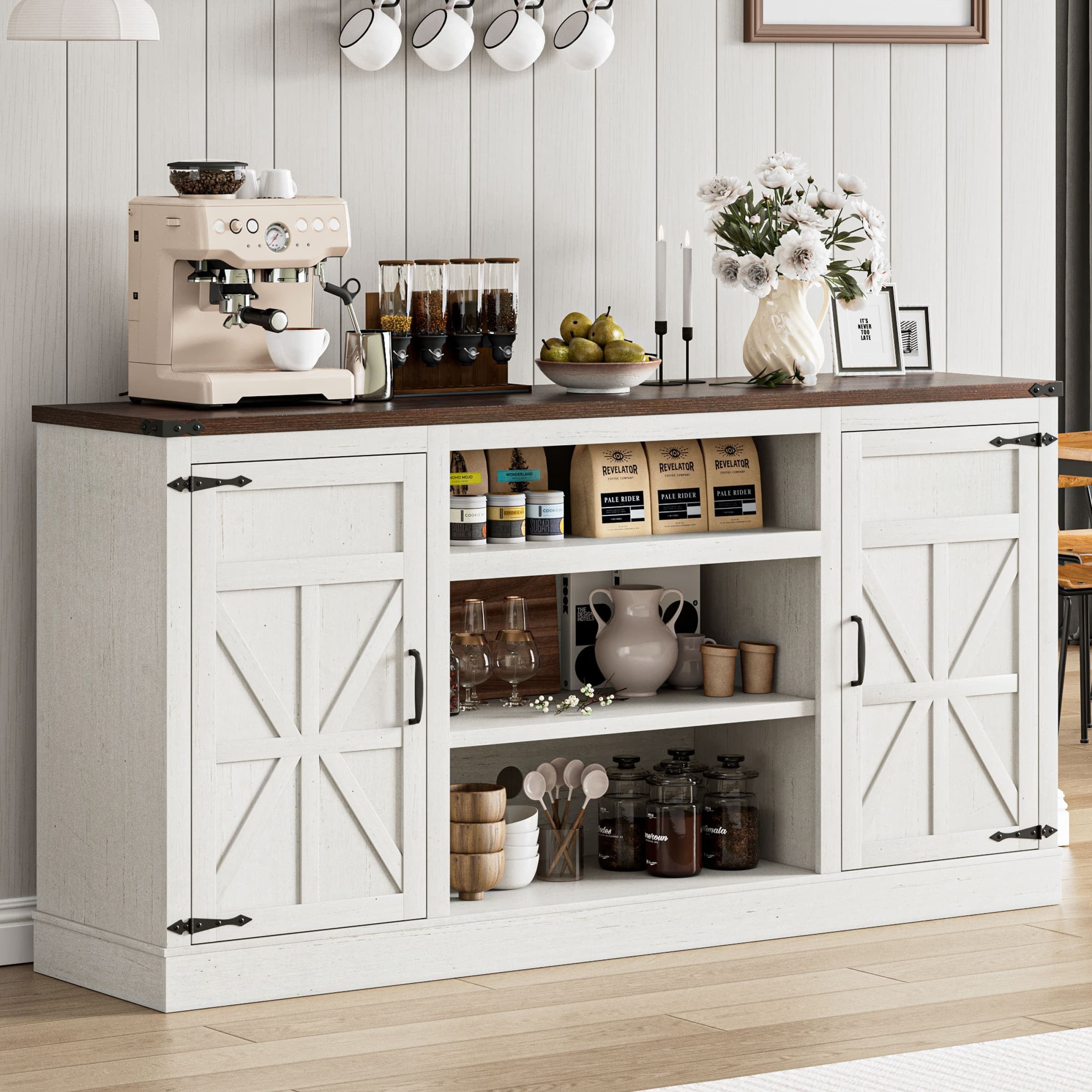 Farmhouse Coffee Bar Cabinet with Outlet USB Charging, 66'' Large Buffet Sideboard with Adjustable Shelves for Kitchen Living Room