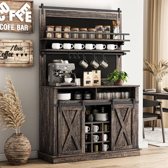 Farmhouse Coffee Bar Cabinet with Sliding Barn Door,75"Tall Bar Cabinet Kitchen Buffet Sideboard with Rack,Easy Assembly