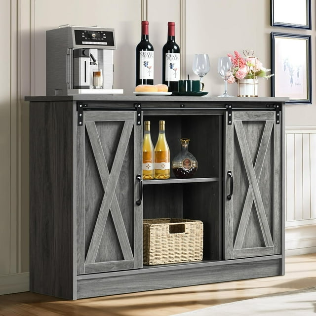 Farmhouse Coffee Bar with Sliding Barn Doors, 42”Kitchen Buffet