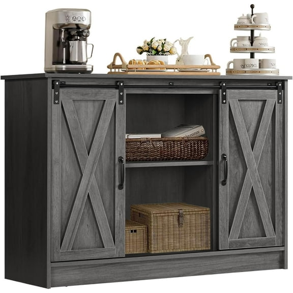 Farmhouse Coffee Bar Cabinet with Sliding Barn Doors, 42”Kitchen Buffet Sideboard Cabinet with Adjustable Shelves, Wash Gray